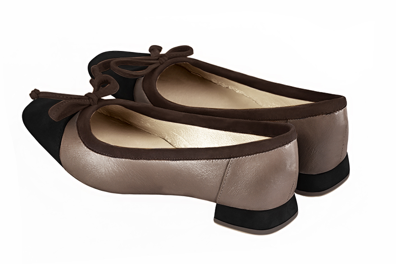 Matt black, bronze gold and dark brown women's ballet pumps, with low heels. Square toe. Flat flare heels. Rear view - Florence KOOIJMAN